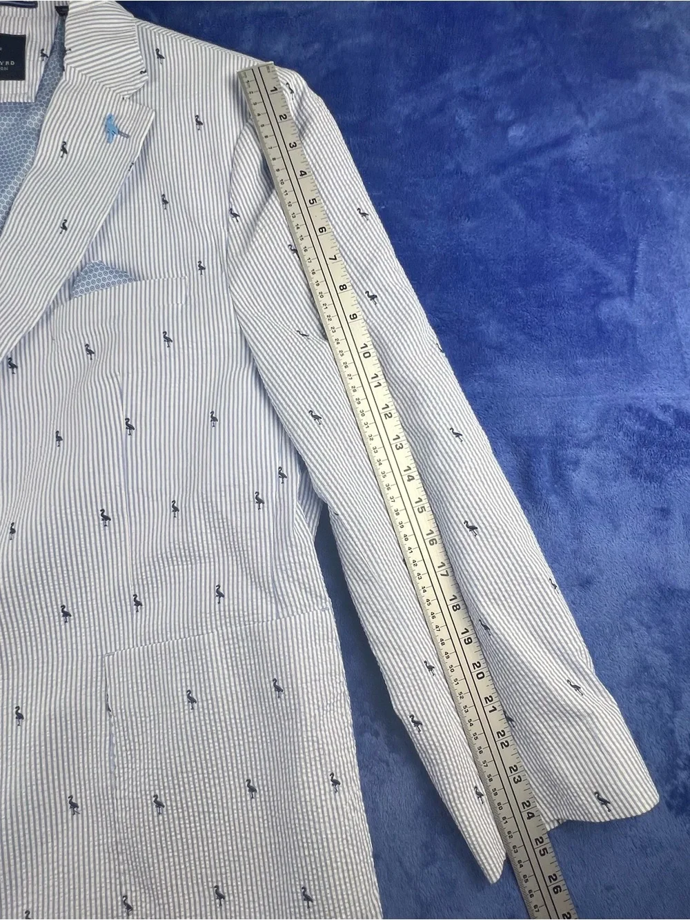Tailorbyrd Mens Blazer 48R Seersucker Cotton Blue White Embroidered Flamingo